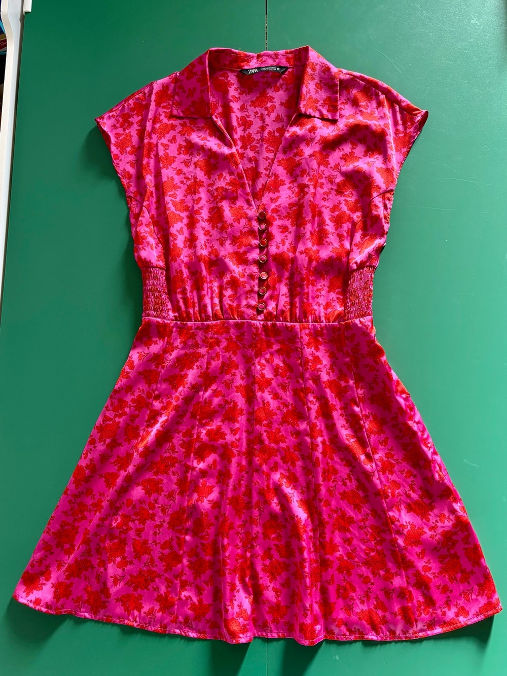 Zara Size XS Hot Pink & Red Floral Button-Front Mini Dress